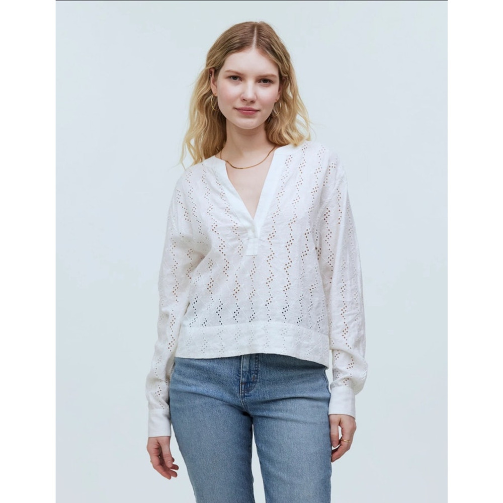 Madewell Long Sleeve Popover V Neck Eyelet Breezy Top US Women's S New